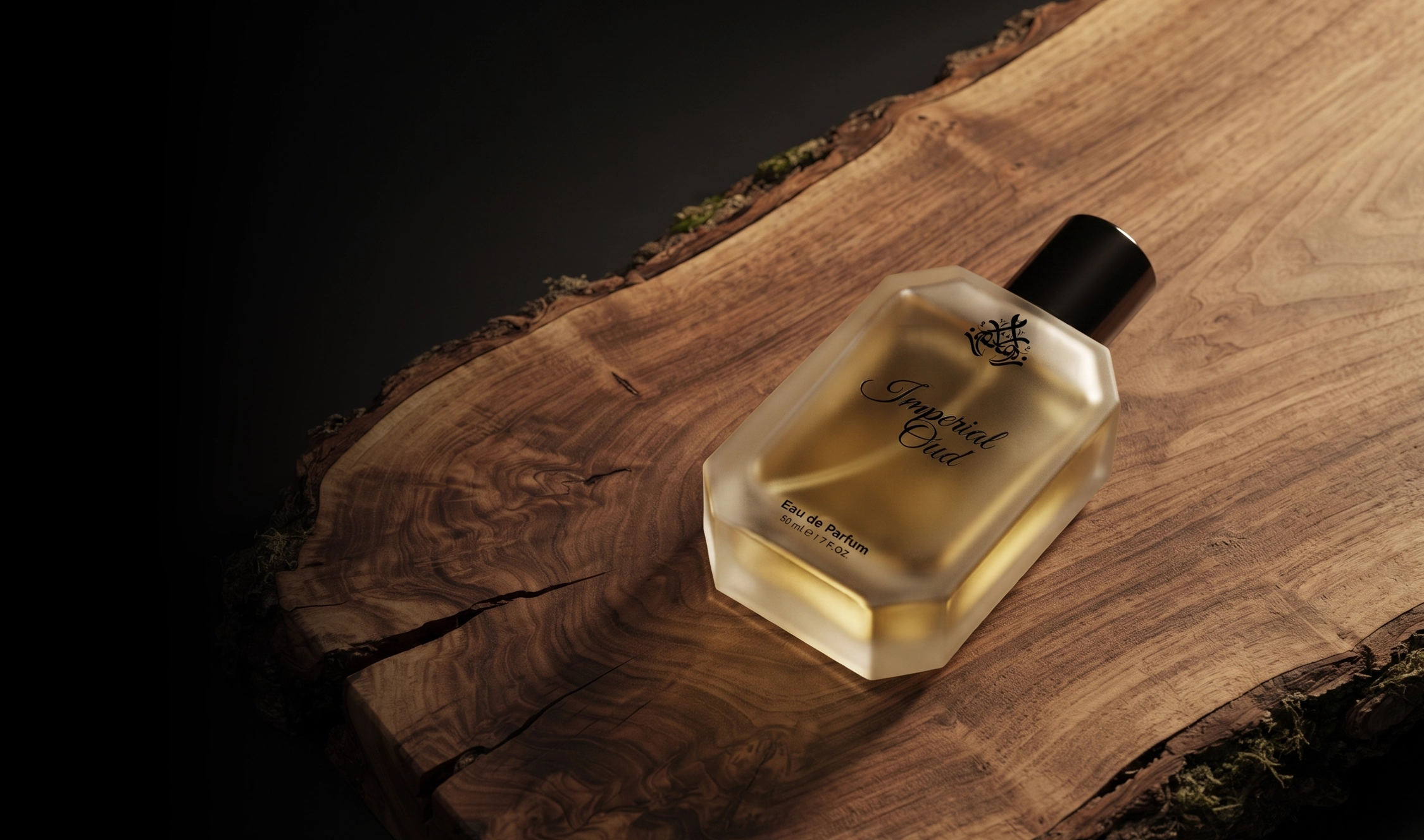 Imperial Oud perfume bottle on a wooden surface - Zahyre Perfumes Pakistan